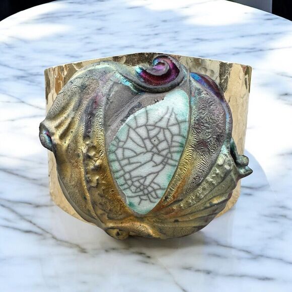 Vintage Raku Ceramic 80s Wide Cuff Bracelet Brutalist Gold Tone Metallic Glazed - Picture 2 of 6